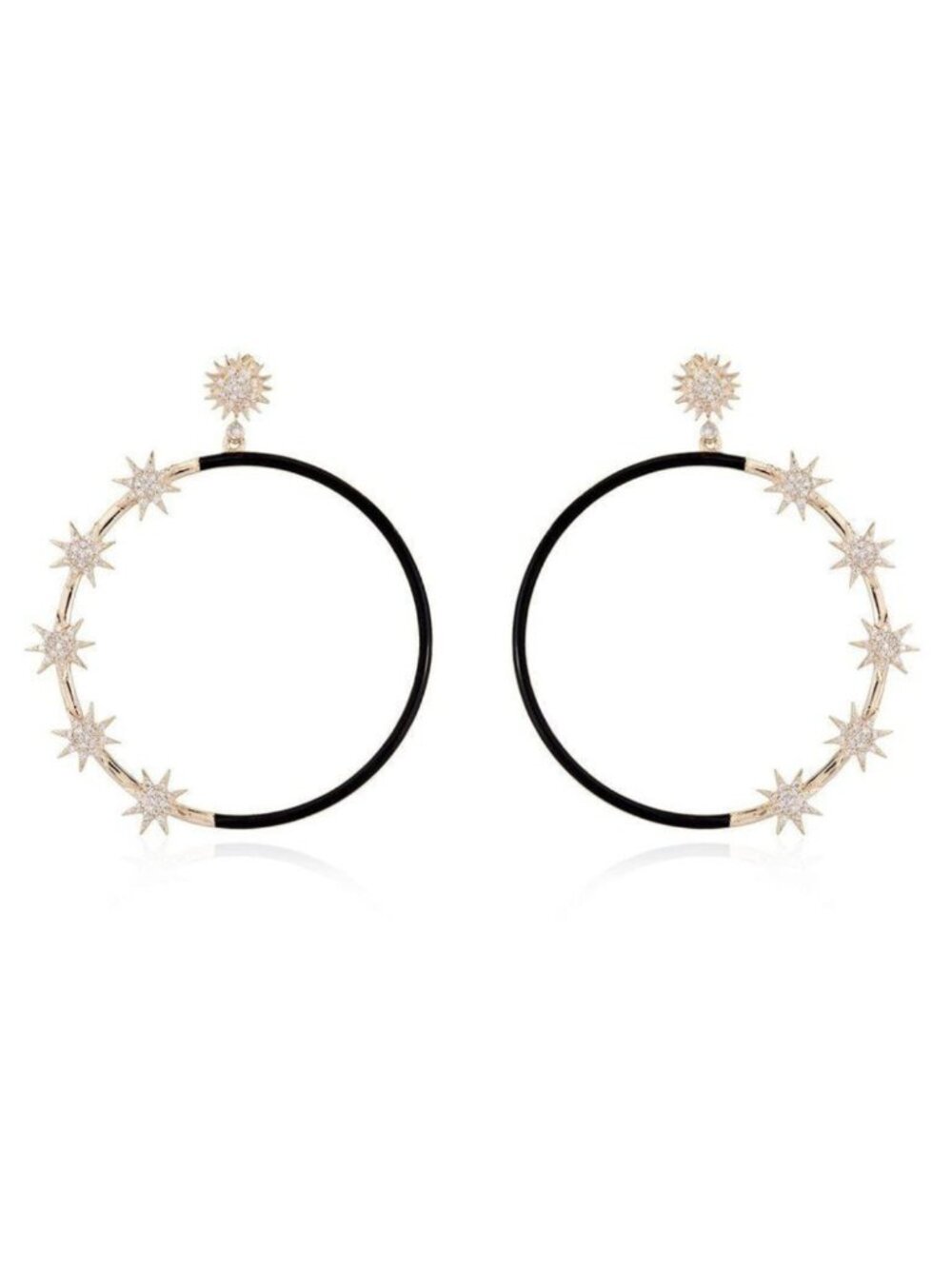 14K (or 18k upon request) Yellow Gold Black Enamel Starburst Hoop Earrings